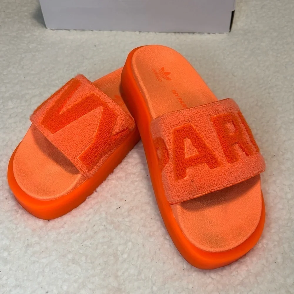 Ivy Park x Adidas Screaming Orange Terry Cloth Logo Platform Slides